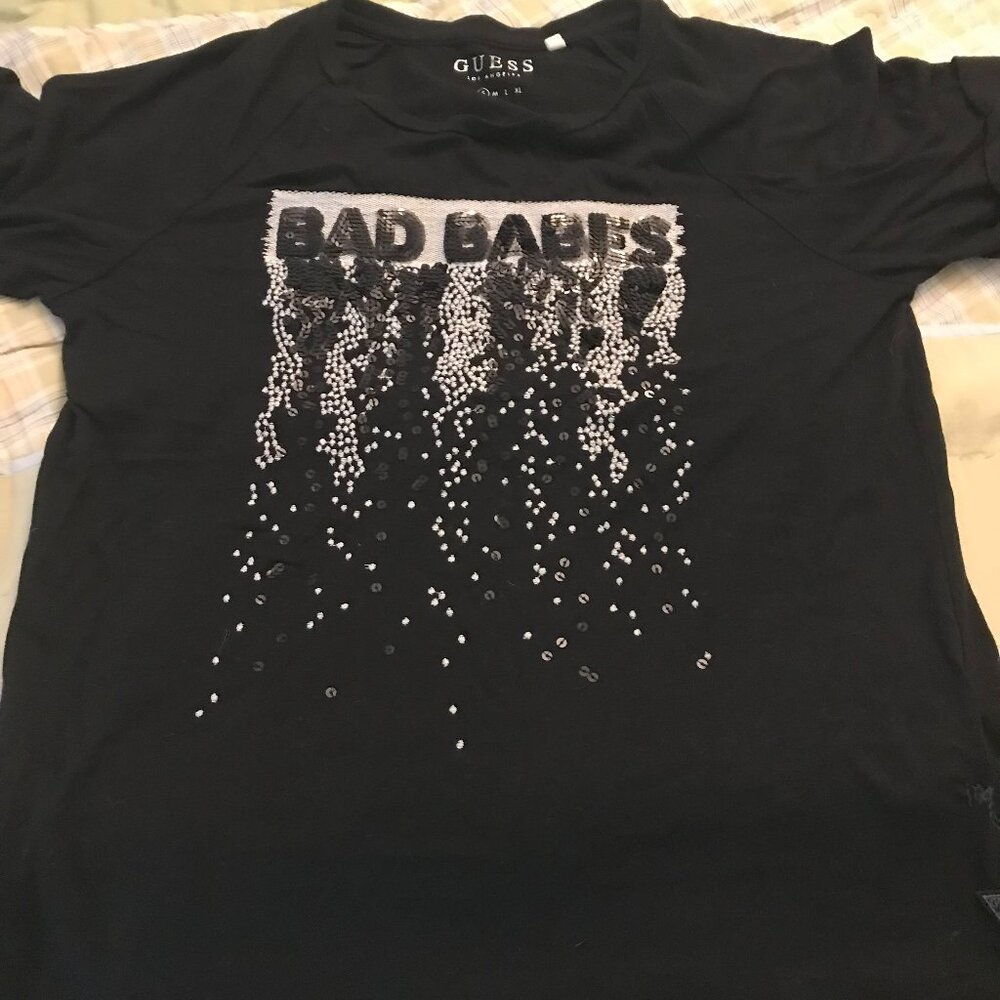 Women's Guess black Bad Babes TEE SEQUINS RHINESTONES SHORT SLEEVE , size S